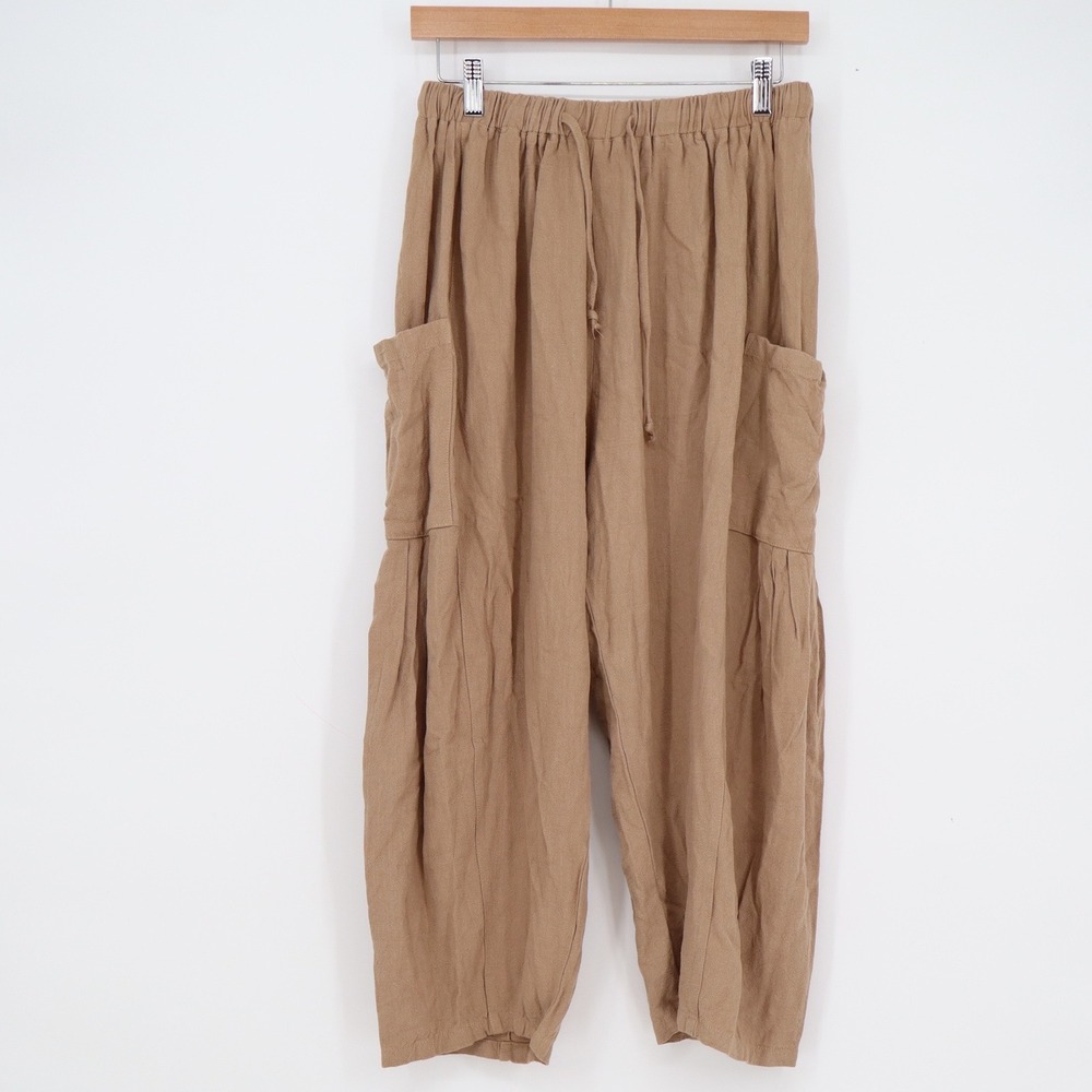 Tarse Womens Small Tan Linen Blend Harem Cargo Pants Elastic Waist Cropped Boho